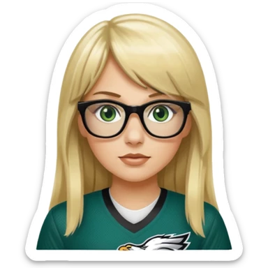 long blonde hair with bangs black glasses female green eyes football player wearing eagles jersey number 33 sticker