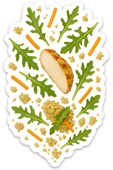 EMOJI STILE IPHONE DI Insalata di quinoa e pollo con rucola e carote che cade verticalmente dall'alto, iperrealistica 4k sticker