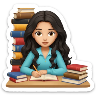 a pretty tan bratz girl with black wavy long hair studying. Pile of books on the table. No glasses. Looks tgired sticker