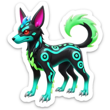 Hyper realistic slim horned skeletal black and neon green futuristic shiny colorful bioluminescent cyber-Poochyena-Zorua-Litten-Houndoom-Fakémon-Pokémon-Digimon-hybrid-fusion (full body) with a skull face sticker