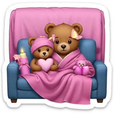 Brown teddy bear cuddling with a pink teddy bear wrapped in a blanket watching tv on couch with candles next to them sticker