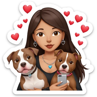Young girl was long, dark brown hair sits with her dog who is a pretty girl pitbull with her cell phone in her hand in a small septum ring in her nose was hearts flying all around her sticker