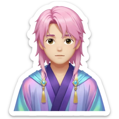 Beautiful gorgeous romantic blushing youthful handsome anime guy with beautiful iridescent-pastel-special-gently-tousled-medium-long-hair, fashion aesthetic, ethereal, fairycore, pastelcore, layered robes, accessories, jewelries, colorful, shiny, trending style, outside sticker