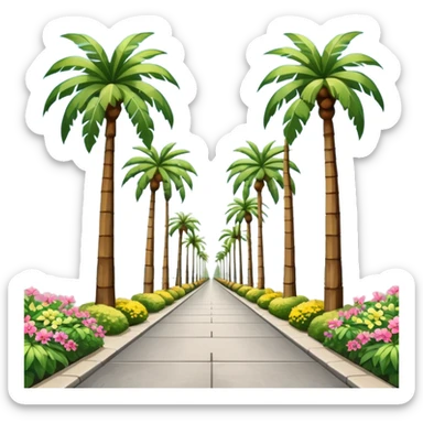 palm tree lined pedestrian pathway with tall green palm trees on both sides, colourful flowering bushes on each side, clear blue sky, bright sunny weather with symmetrical perspective view down the road. grey concrete road. warm tropical holiday vibe with sun and blue sky in background sticker