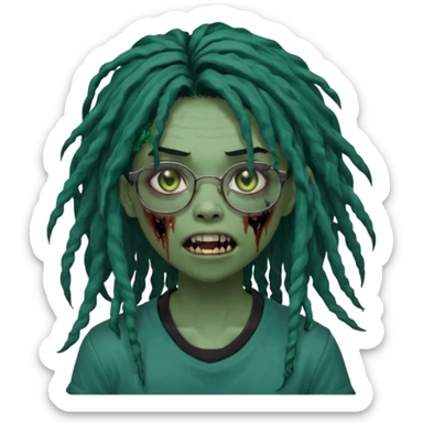One girl greenskinned, zombie with glasses, with ombre black roots, dark teal long locks & side bang of her locs that fall over slightly covering the right eye, a sinister expression w/ the mouth open, teeth showing, and the jaw uneven. with a small wound near its mouth, her locks curly, black shirt sticker