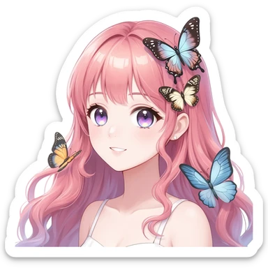 gorgeous shiny anime lady with butterflies and beautiful hair fairycore cottagecore high quality detailed sticker