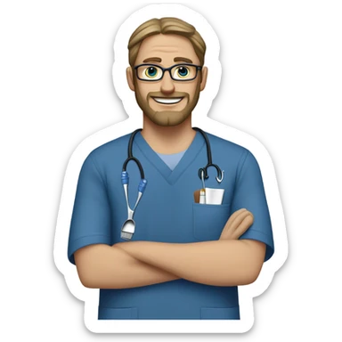 male dark blond with goatee beard doctor with hazel eyes and wire rim glasses in dark blue scrubs holding a paintbrush and a jigsaw  sticker