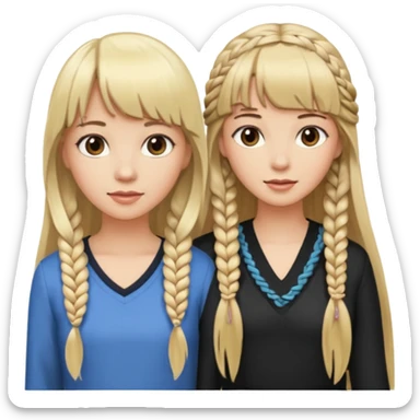Woman very long flowing blonde hair With BANGS standing next to woman DARK BROWN HAIR with BANGS ONE BRAID on one side.   sticker