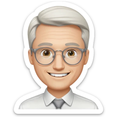 30 yr old pale white man, white/grey side swept stylish hair, round glasses, big smile, white teeth, handsome, longer hair, thin glasses, white dress shirt, smooth forehead, botox sticker