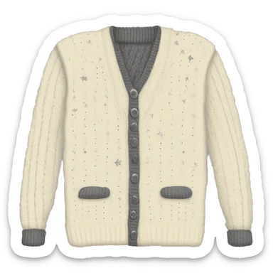 a cream cable knit sweater with a thin dark gray stripe lining the inside near the buttons and the  bottom edge of the cardigan and the sleeves and silver stars on the elbows of sleeves with  sticker