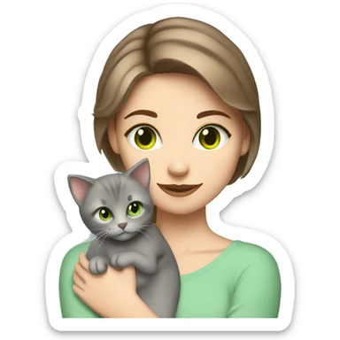 blue eyes grey kitten hugging brown short hair green eyes woman sticker
