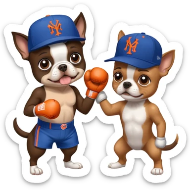 Brown Boston terrier wearing a New York Mets hat boxing a yorkie with a New York Yankees hat sticker
