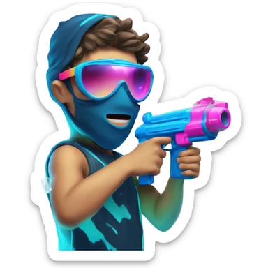 Caucasian boy in glowing rave outfit with mask, sunglasses, and headgear, shooting bubbles out of a water gun sticker
