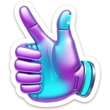 futuristic glowing thumbs up, neon purple and cyan light, dark background, digital tech style sticker