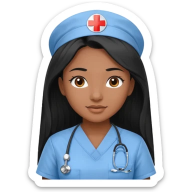 pretty brown skin nurse with long black hair and brown eyes in light blue scrubs sticker