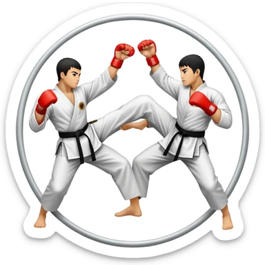 Round emblem symbolizing striking martial arts. The emblem features two fighters in dynamic stances, one delivering a powerful punch while the other defends with a block. In the center, a stylized fist and foot crossed to represent the essence of striking.  sticker