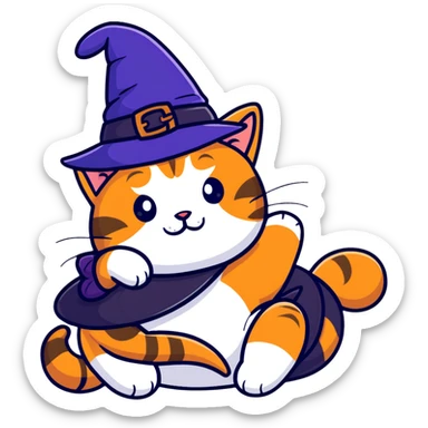 full body ginger tabby cat flopped over on her side wearing an indigo witch hat sticker