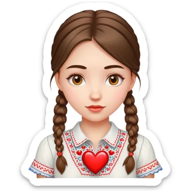 beautiful young girl wearing a white Ukrainian embroidered shirt with a big heart sticker