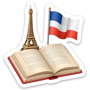 An icon featuring the flag of France, symbolizing the French language. The design includes an open book and the Eiffel Tower behind, representing language learning and cultural elegance. Transparent background highlights the beauty of French heritage. sticker