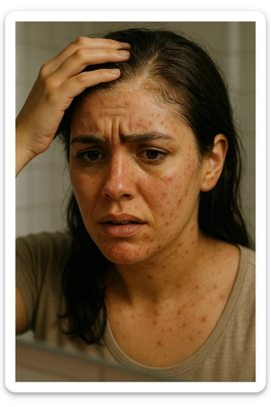 A highly realistic, cinematic close-up portrait of a young woman in her late 20s with medium skin tone, displaying visible folliculitis and seborrheic dermatitis. Small, red, inflamed follicular papules and pustules are scattered along her hairline, jawline, and upper neck, indicating folliculitis. Her scalp and areas around the nose and eyebrows show flaky, greasy yellowish scales, with redness and irritation, indicating seborrheic dermatitis. Her hair appears slightly greasy and clumps near the scalp, emphasizing excess sebum production. She gently touches her irritated scalp with concern while looking at herself in a softly lit bathroom mirror, expressing discomfort and frustration. The environment is neutral and clean, with daylight softly illuminating the scene to highlight the skin and scalp texture. The style is 35mm hyperrealistic, with warm neutral tones and shallow depth of field to maintain focus on her skin, inflammation, and emotional expression, visually explaining the physical discomfort and aesthetic concerns of living with folliculitis and seborrheic dermatitis sticker