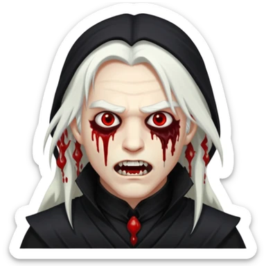 Creat a young man Vampire that have long white hair and white skin and full black eyes and bloody mouth and full black outfit and long fangs and scary dead cold eyes sticker