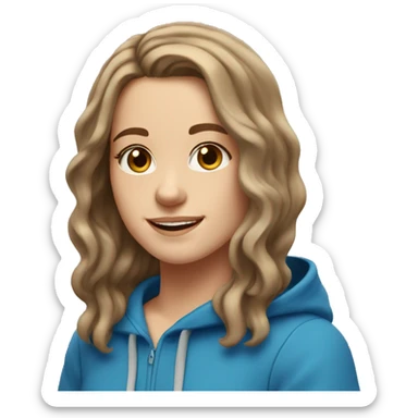 white girl with shoulder length wavy hair and brown eyes smiling in a blue hoodie sticker