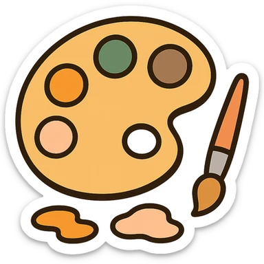 A cute and charming artist’s paint palette with dabs of paint in a warm, cozy color scheme: golden orange (FA9B41), deep forest green (4A7C5C), muted taupe brown (96775A), and pastel peach (FFCC9A). The wooden palette has a soft, rounded shape with a smooth finish, and the paint blobs are arranged neatly like little candy drops. Some splashes of color are playfully smeared nearby, and a tiny paintbrush rests beside the palette. The overall mood is light, artistic, and whimsical, with soft lighting and a gentle, creative atmosphere — perfect for a dreamy, storybook-style illustration. sticker