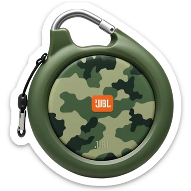 Highly simplified JBL Clip 4 speaker with proper circular form and carabiner clip, subtle green camouflage pattern, iOS emoji style sticker
