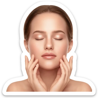 Close-up beauty portrait of a young white woman with dewy, glowing skin, eyes closed, gently touching her cheeks with both hands. Her skin looks hydrated and luminous with a natural glossy finish. Soft neutral makeup, groomed brows, nude lips. Hair pulled back neatly. sticker