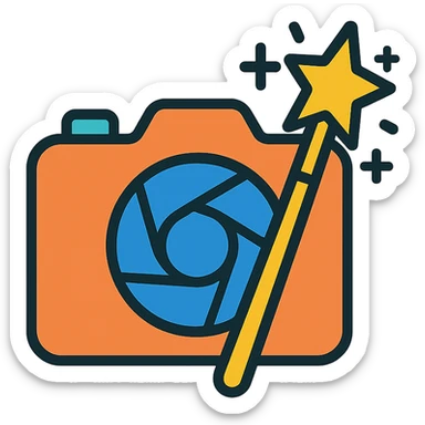 logo for photo restoration featuring a camera lens and a magic wand, clean and modern style sticker