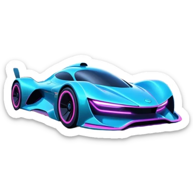 A futuristic racing car with glowing neon lights, sleek aerodynamic design, and a cyberpunk cityscape in the background. The car is speeding through a neon-lit street with high-tech buildings and holograms." sticker