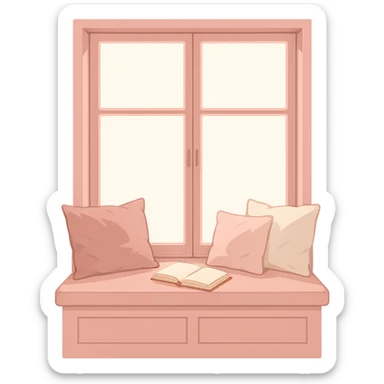 pink window seat with cushions and a book, peaceful sticker