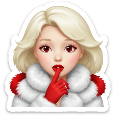 A beautiful, cute girl with red lipstick on her lips is posing for a photo in a white fur coat, and she's seen in full view, blowing a kiss. sticker