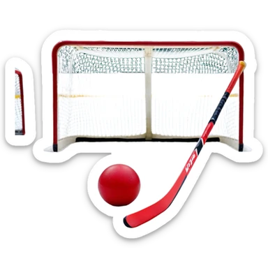 A red ball and hockey stick resting on an ice rink, with the goalposts and clear markings in the background. The scene captures the unique nature of field hockey with a ball on ice, emphasizing the speed and precision of the sport in a cold, competitive atmosphere. sticker