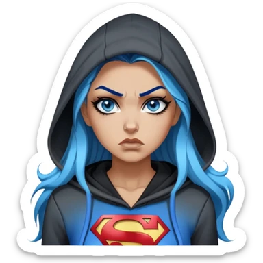 Female-Very tall-very very very large chest-really angry-waitin-very long straight flat black to sky blue hair ombre-blue eyes-black eyeliner-long eyelashes-hoodie with glitter superman logo-leggings-lippierced sticker