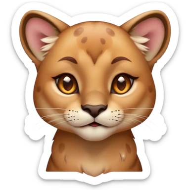 Cinematic Cute Cougar Portrait Emoji, Head tilted playfully and inquisitively, featuring a glossy, tawny Fur with delicate dark markings and round, sparkling amber eyes filled with curious mischief, Simplified yet irresistibly adorable features, highly detailed, glowing with a warm, friendly glow, high shine, affectionate and agile, stylized with a touch of wilderness whimsy, bright and endearing, soft glowing outline, capturing the essence of a mischievous yet loving cougar, so playful it feels like it could prowl out of the screen and into your arms! sticker