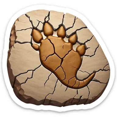 3D render of Dino Footprint, embedded in a chunk of rough sedimentary rock, cracked stone texture, ancient fossil aesthetic, deep indentation in dried brown mud, matte dry finish, Apple emoji style, isolated on white background --v 6.0 sticker
