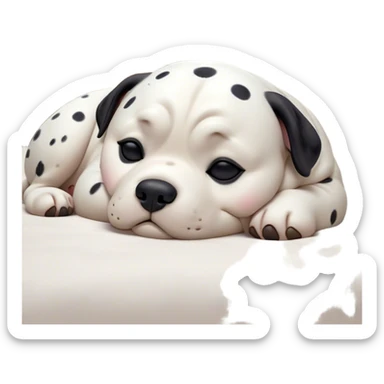 Cinematic Chubby Sleeping Dalmatian Portrait Emoji, Chubby and serene, with a round, plump build and a glossy white coat adorned with distinctive black spots, eyes gently closed in peaceful slumber, Simplified yet irresistibly endearing features, highly detailed, glowing with a gentle, dreamy glow, high shine, relaxed and content, stylized with a touch of whimsy, bright and heartwarming, soft glowing outline, capturing the essence of a blissfully sleepy companion, so comically serene it feels like it could roll out of the screen and snore with adorable charm! sticker