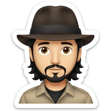 Man with black long wavy hair, brown eyes, tan skin and light black goatee black shirt fedora hat sticker