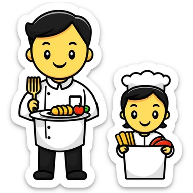 cartoon food and smiling servers at buffet service sticker