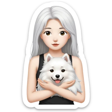  asiatic girl in the black tank top with long gray  hair and a samoyed sticker