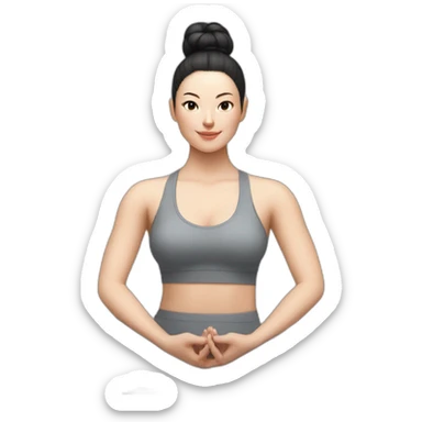 Pale skinned fit woman In a gray tight yoga suit and wristbands With black hair in a bun sits in the lotus position sticker