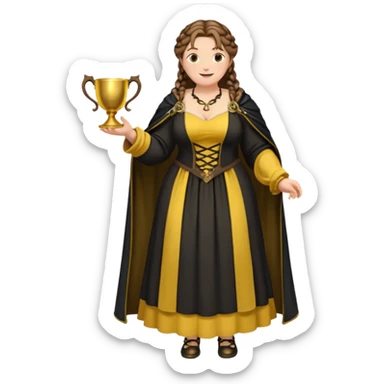Helga Hufflepuff,brown-haired,2 braids,yellow-black medieval open dress,deep neckline,fat macromastia,black cloak decorated with gold braiding,gold cup with two handles,very kind smile,curvy busty sweet woman,round rosy cheeks,full length with medieval shoes sticker