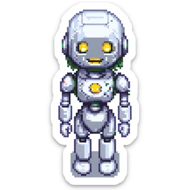 portrait of a cute female recruiter robot, 8-bit pixel art style, metallic, smiling sticker
