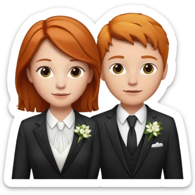 lesbian couple getting married. one ginger one brunette. ginger in a suit brunette in a dress sticker