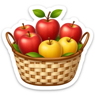 woven basket with apples and white checkered cloth, yellow sticker