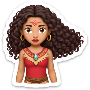 Moana character with long curly dark hair, wearing a red top, Polynesian princess sticker