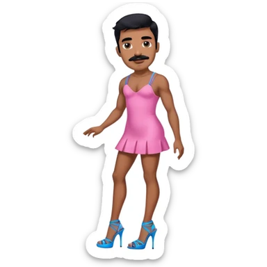 Man in a pink mini dress and blue strappy high heels with black hair and black mustache and brown skin sticker