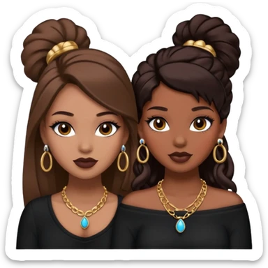 Boujy baddie best friends, trendy heavy makeup both dark hair one light skinned and one mocha brown pretty hair both wearing black and earrings and necklace one mocha brown skin sticker