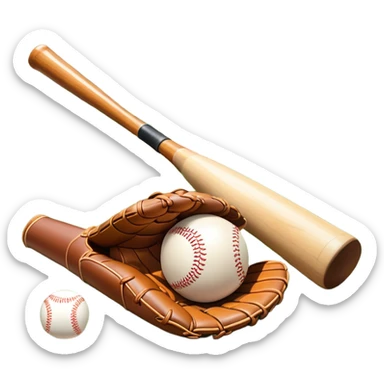 A baseball bat, ball, and glove placed on the grass of a baseball field, with the diamond and base lines clearly visible in the background. The scene captures the essence of the sport, with the equipment ready for action on the neatly marked field. sticker